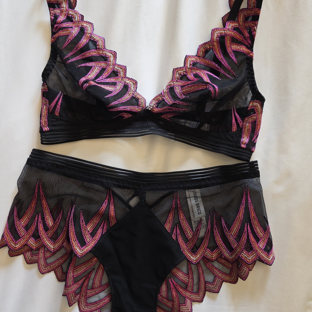 Chic Black and Pink Embroidered Bra Set